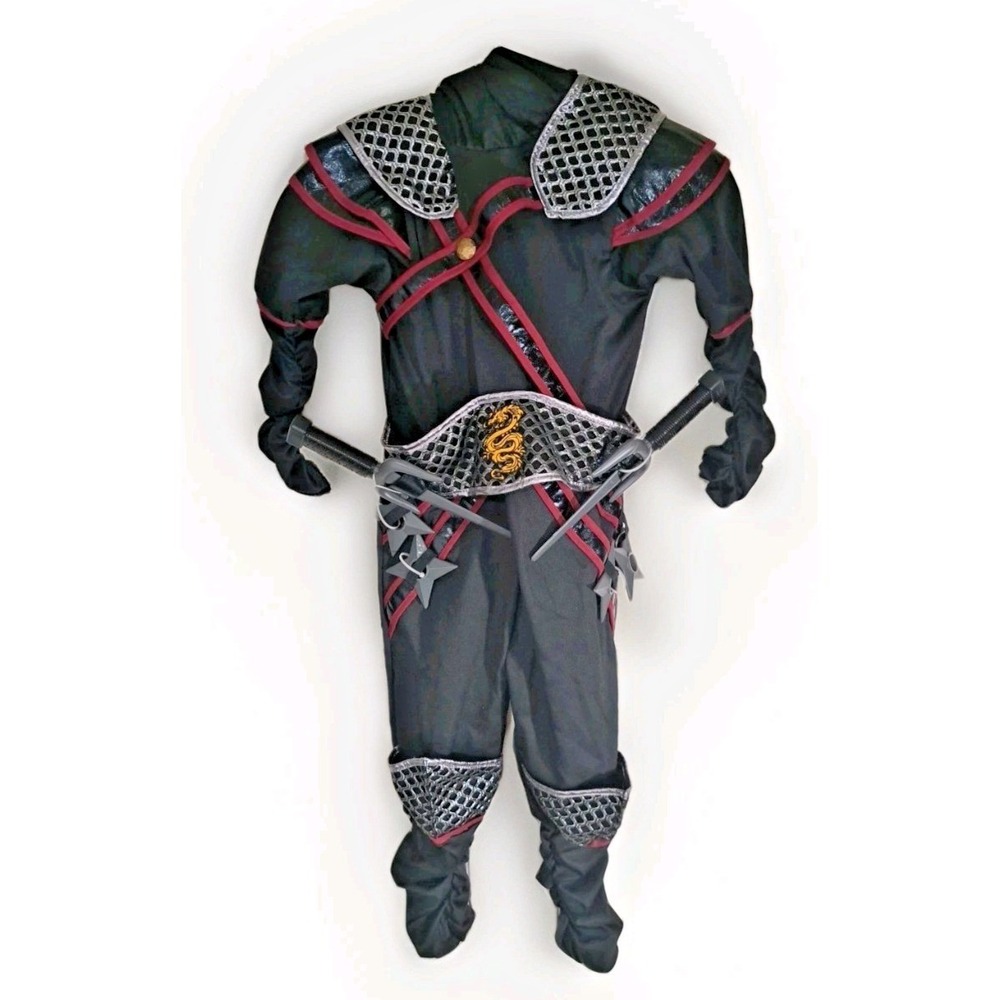 Kids Ninja Costume Sz 5-6 Black Red Silver Armor Gold Dragon‎ Accessories
